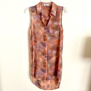 Lush Pink Marbled Tie Dye Buttoned Tunic Blouse with Notched Collar